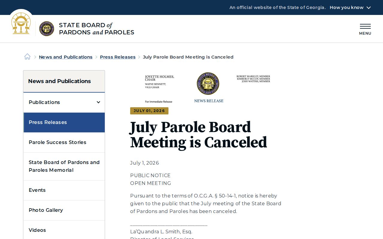 Georgia parole meeting cancellation notice relevant to Polk County